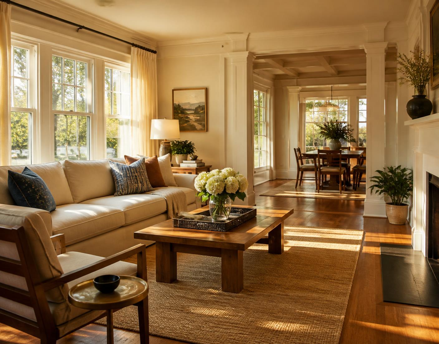 A bright, freshly cleaned Georgia living room in warm afternoon light